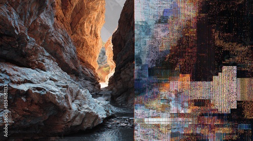A split composition showcasing a canyon's natural side and a digitally pixelated counterpart