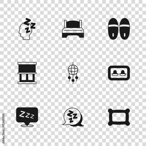 Set Sleepy, Earplugs with storage box, Pillow, Dream catcher feathers, Slippers, Dreams, Big bed and Window curtains icon. Vector