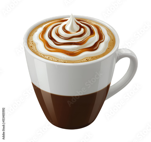 White Coffee Mug with Caramel Swirl, Transparent Cutout, Elegant Design
