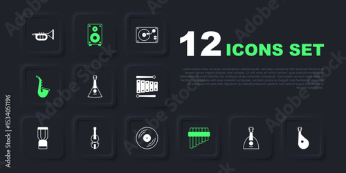Set Balalaika, Bandura, Pan flute, Saxophone, Violin, Stereo speaker and Vinyl disk icon. Vector