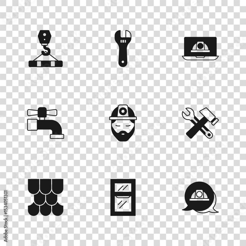 Set Window in room, Hammer and wrench spanner, Worker safety helmet, Builder, Crane hook, Adjustable and Water tap icon. Vector