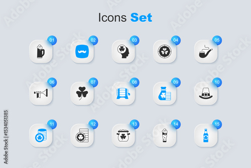 Set Glass of beer, Clover trefoil leaf, Mustache, Golden leprechaun coin, Beer bottle with clover, Leprechaun hat, and Wooden barrel on rack icon. Vector