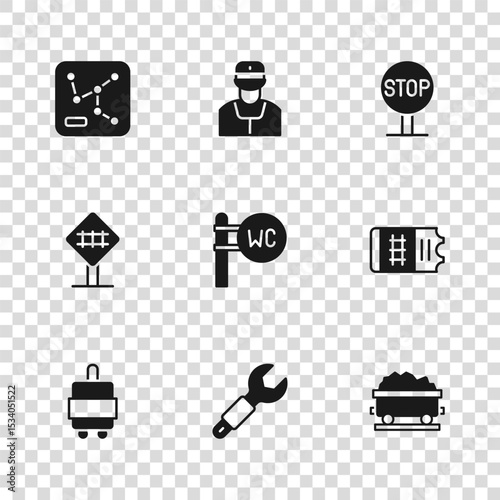 Set Wrench spanner, Train ticket, Coal train wagon, Toilet, Stop sign, Railway map, conductor and Railroad crossing icon. Vector