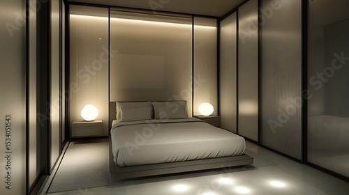oft minimalist bedroom enclosed by frosted glass, night lamps casting tranquil light patterns on the floor