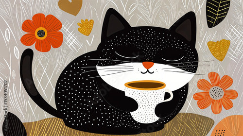 Cute cat holding a coffee cup, amidst a backdrop of stylized flowers and leaves.