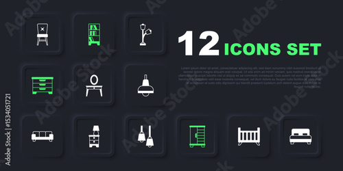 Set Baby crib cradle bed, Big, Dressing table, Wardrobe, Chest of drawers, Furniture nightstand with lamp, Library bookshelf and Lamp hanging icon. Vector