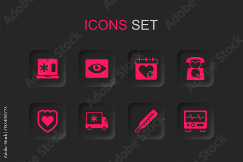 Set Ambulance car, Red eye effect, Clinical record on laptop, Medical thermometer, Emergency call 911, Monitor with cardiogram, Doctor appointment and Immune system icon. Vector