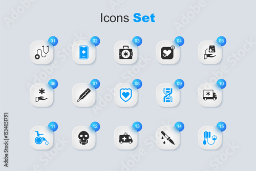 Set Pipette, Medical thermometer, Emergency call 911, Wheelchair for disabled person, Blood pressure, Ambulance car, Stethoscope and Immune system icon. Vector