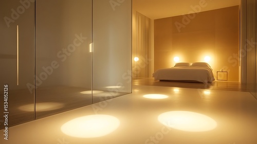 oft minimalist bedroom enclosed by frosted glass, night lamps casting tranquil light patterns on the floor