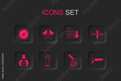 Set Protective gloves, Wooden axe, Circular saw blade, in stump, Metallic nail, Hand, log and Grapple crane grabbed icon. Vector