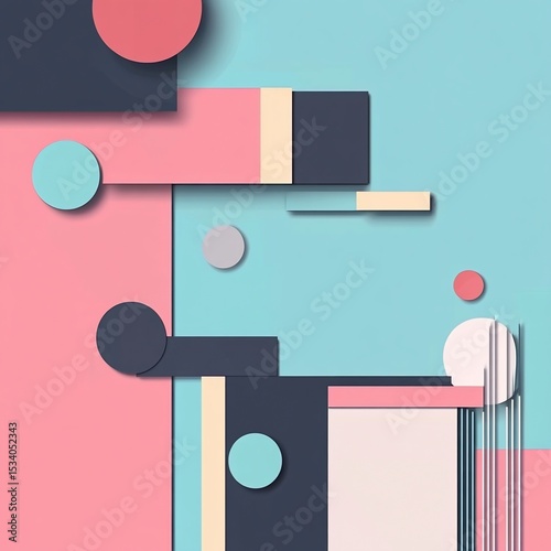 Geometric design of circles and rectangles, pastel color combination, 3D effect