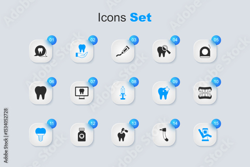 Set Tooth drill, Online dental care, Dental implant, Medical chair, Dentures model, and Syringe icon. Vector