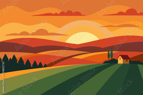  sunset glow on farmland fields with distant hills