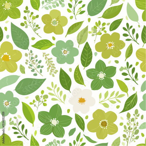 Cute hand drawn floral seamless green pattern background