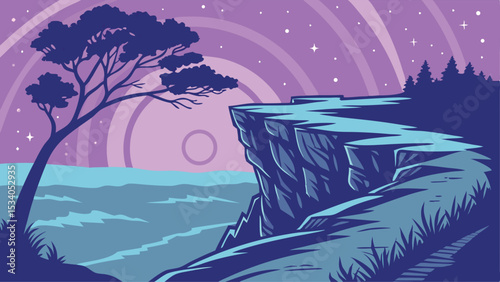 Serene Cliffside Sunset Landscape Design featuring a lone tree and starry night sky ideal for branding