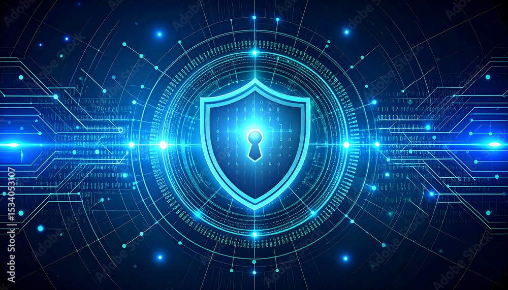Obraz premium global security with blue shield on a dark background