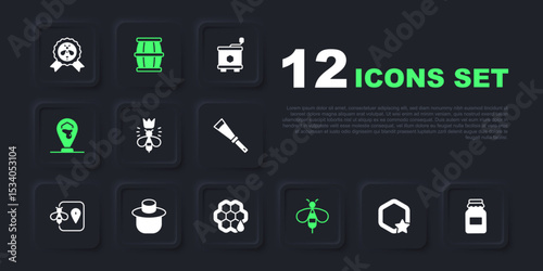 Set Honeycomb, Jar of honey, Queen bee, Bee, location, Beekeeper with protect hat, Wooden barrel and icon. Vector