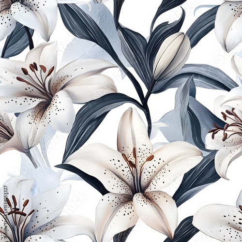 Detailed illustration of a lily flower pattern on a white background.