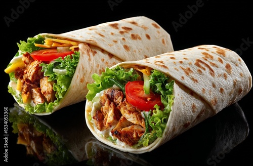 Two Chicken Wraps with Vegetables and Cheese on Black