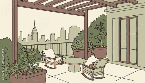 Cozy rooftop terrace with greenery and outdoor furniture