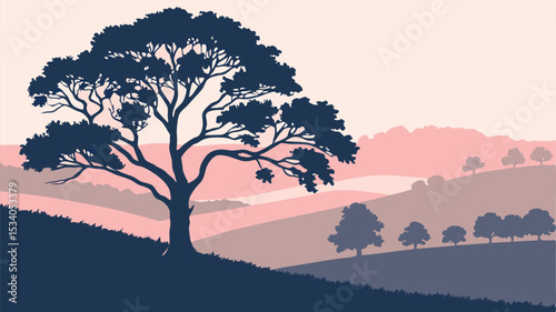 Art & Serene landscape design featuring a majestic tree and rolling hills perfect for branding projects or nature-themed designs