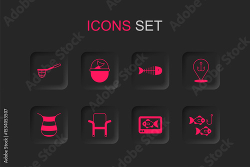 Set Camping folding chair, Fishing bucket with fish, net, finder echo sounder, hook, skeleton and icon. Vector