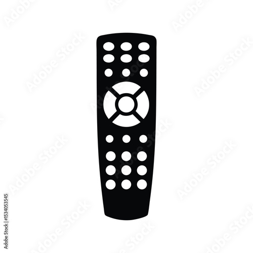 Wireless black television remote control with white keypad buttons, an isolated digital communication equipment tv remote control silhouette