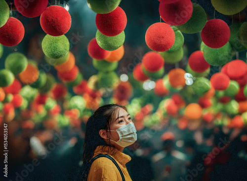 Colorful decorations create a festive atmosphere, while a woman wearing a mask navigates the scene.