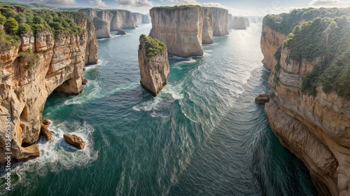 Dramatic coastal landscape showcasing towering cliffs and a serene sea.