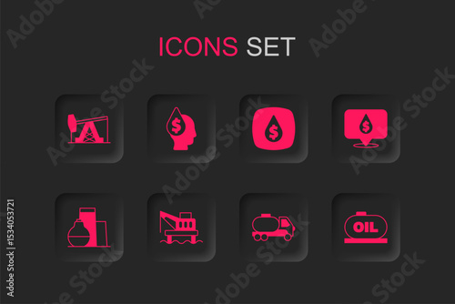 Set Oil platform in the sea, drop with dollar symbol, pump pump jack, Tanker truck, tank storage, and icon. Vector