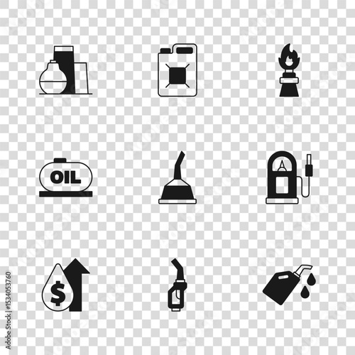 Set Gasoline pump nozzle, Petrol or gas station, Canister for motor machine oil, Oil rig with fire, tank storage, gasoline and icon. Vector