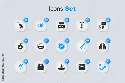 Set Winter fishing, Canned, Fish, Fishing lure, Worm, jacket, harpoon and Speaker mute icon. Vector