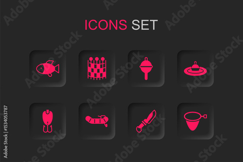 Set Inflatable boat with motor, Fishing net pattern, Knife, float water, and lure icon. Vector