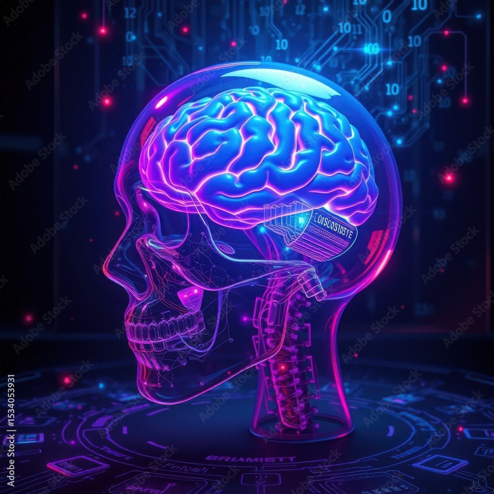 Obraz premium Futuristic Digital Human Brain with Neon Neural Network, AI Technology, Cybernetic Science Illustration.