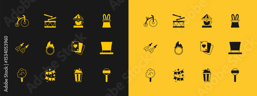 Set Magician hat and rabbit ears, Carnival garland with flags, Playing cards, Popcorn cardboard box, Circus fire hoop, Attraction carousel, Vintage bicycle and Drum drum sticks icon. Vector