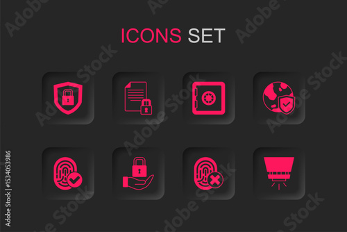Set Lock, Document and lock, Shield security with, Cancelled fingerprint, world globe, Fire sprinkler system, Safe and Fingerprint icon. Vector