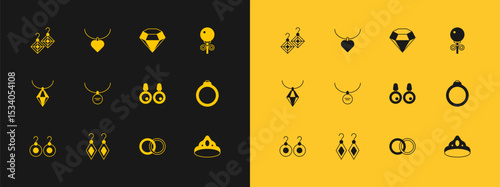 Set Stud earrings, Earrings, Wedding, Locket on necklace, Diamond, and Necklace with heart shaped icon. Vector
