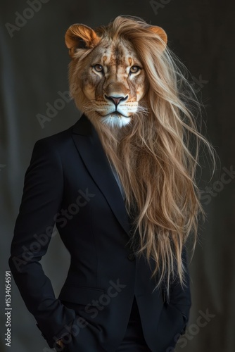 A striking depiction of a lion's head on a human figure in a classy black suit, merging the wild and elegant in a unique artistic expression that reflects confidence and individuality.