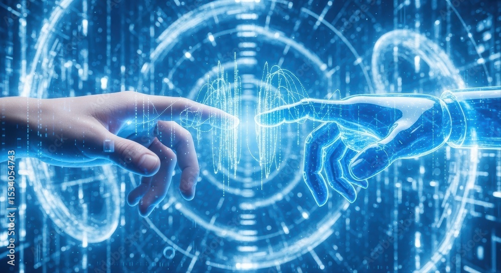 Naklejka premium Human and robot hands touching, symbolizing artificial intelligence and technological connection.