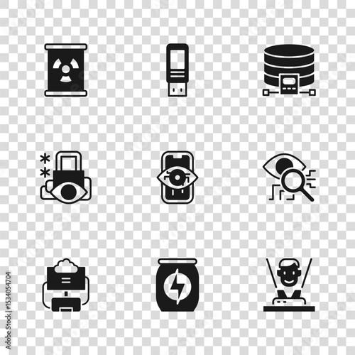 Set Energy drink, Eye scan, Hologram, Computer vision, Cloud database, Radioactive waste barrel, USB flash drive and Cyber security icon. Vector