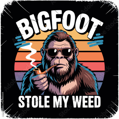 Bigfoot Smoking Pipe Retro Sunset Style Graphic sasquatch