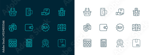 Set line Gift box, Calculator, Buy button, Medal, Wallet, Delivery hand with, Shopping basket and Mobile shopping icon. Vector