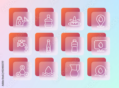 Set line Water drop with location, Bottle of water, Jug glass, Watering can and Big bottle clean icon. Vector
