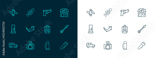 Set line Hunting shop, Photo camera, Camping lantern, Thermos container, horn, Pistol gun, Swiss army knife and Dead fish icon. Vector