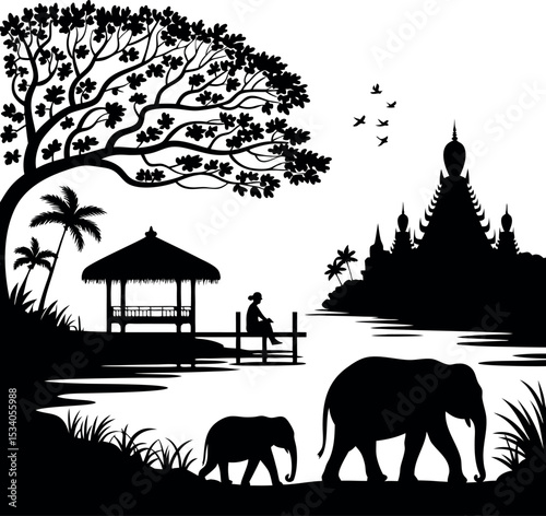 Black Silhouette Landscape Elephants Temple Gazebo Person Birds