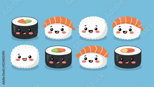 Cute Sushi Cartoon Character Collection Funny Oriental Japanese Food With Smiling Faces Vector Illustration
