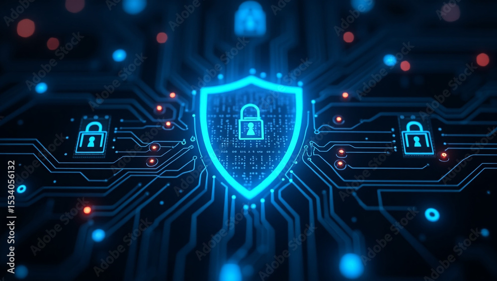 Fototapeta premium Cyber security shield with padlock on a digital circuit board network