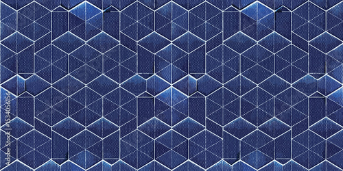 Abstract geometric pattern in blue hues on a textured background.