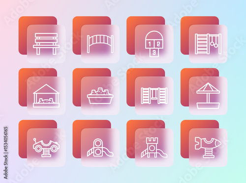 Set line Swedish wall, Slide playground, Sandbox with sand, Hopscotch, Bench and Playground kids bridge icon. Vector