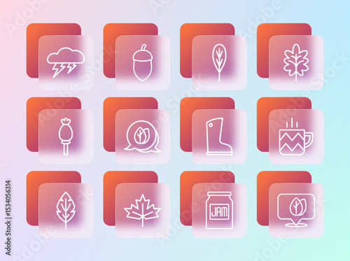 Set line Leaf, Canadian maple leaf, Waterproof rubber boot, Jam jar, Cloud and lightning and Acorn icon. Vector